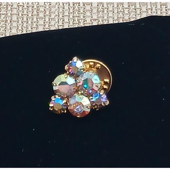Vtg Triangle Cluster AB Aurora Borealis Prong Set Rhinestone Lapel Pin Ballou - Picture 3 of 7